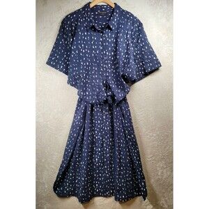 J Jill Maxi Dress Sz 24 Collared Button Front Short Sleeve Tie Waist Blue Lined